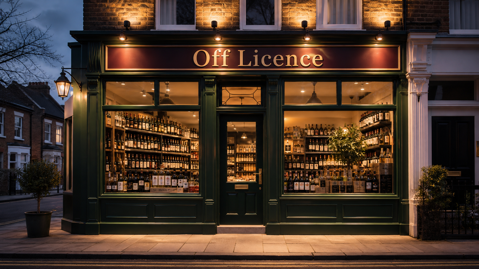 Beautiful off licence storefront at dusk